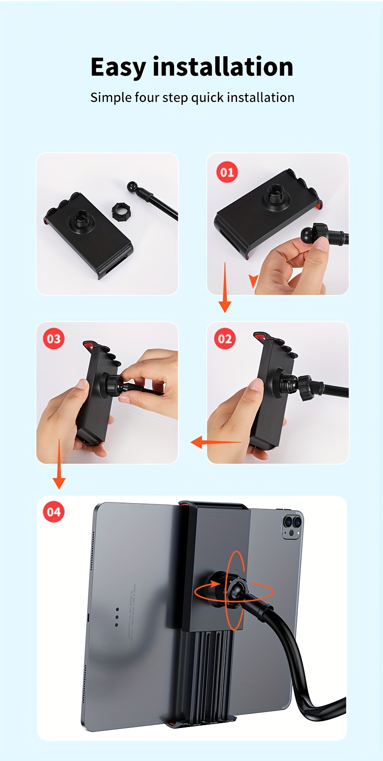 Support universel rotatif à 360 degrés de haute qualité pour tablette et téléphone avec base spirale réglable, support flexible pour utilisation sur bureau et lit - Appareil mains libres compatible avec téléphones et tablettes, idéal pour la maison et la voiture