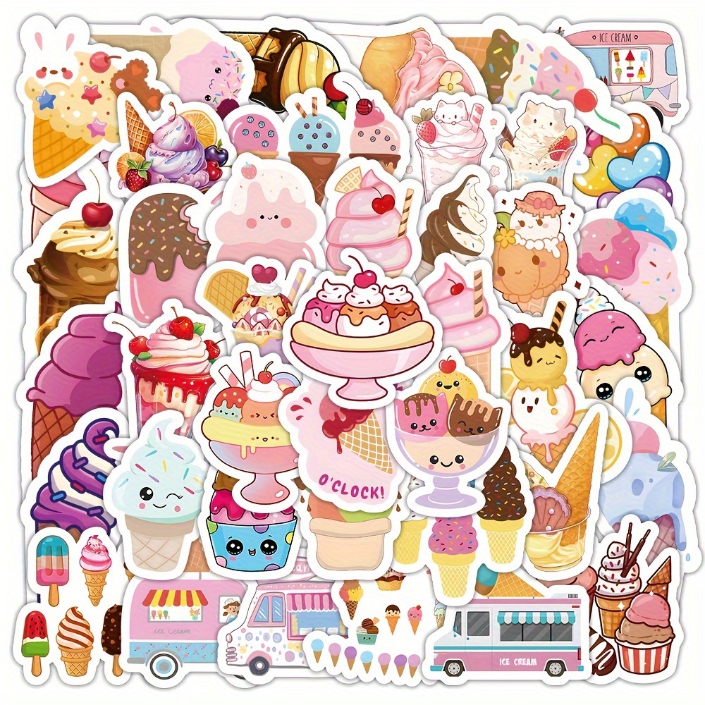 Image of 52pcs Summer Dessert Series Stickers - Waterproof, Glossy Paper Decals For Laptop, Phone Case, And Skateboards - Cream, Cupcake, And More Designs - Diy , Cute Stickers