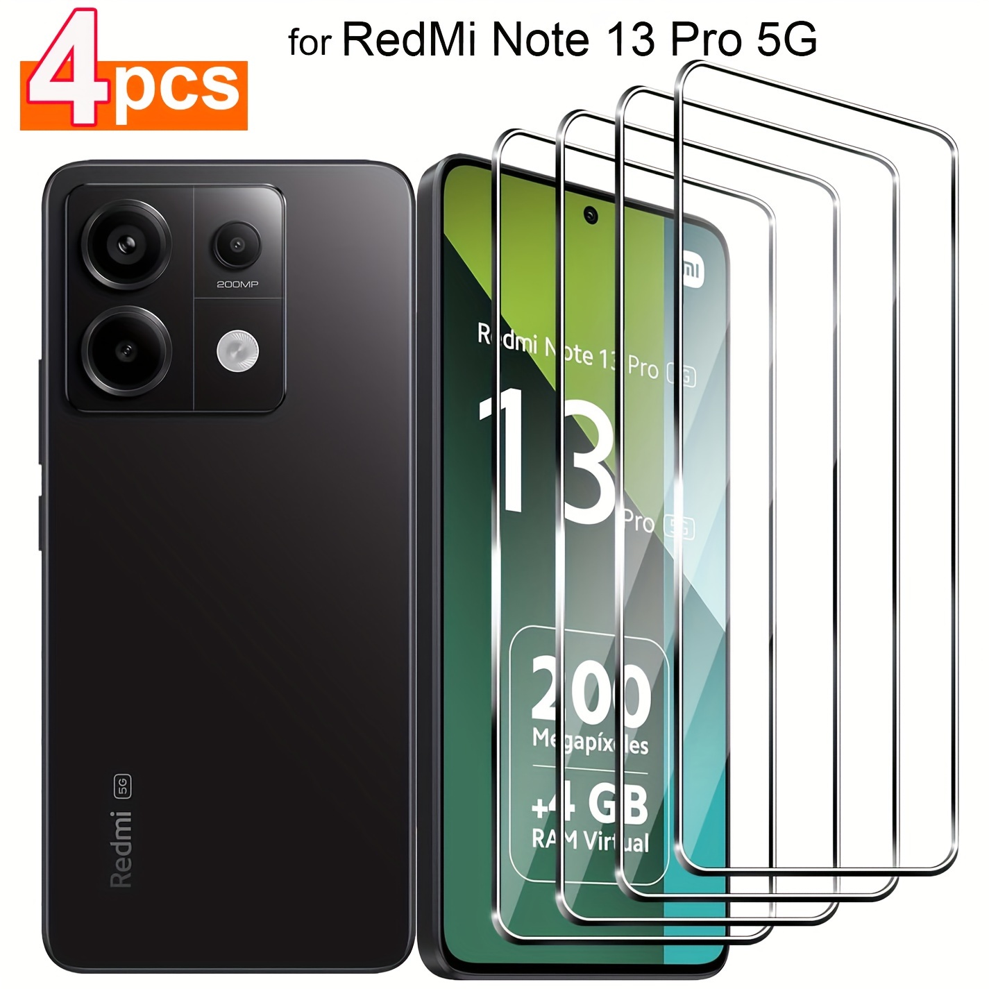 E-shop 4 Stück Displayschutzfolie aus gehärtetem Glas für Xiaomi Redmi 13 Note 13 4G Pro 5G 13C, 9H Härtegrad, ultrahelle Displayschutzfolie, neu