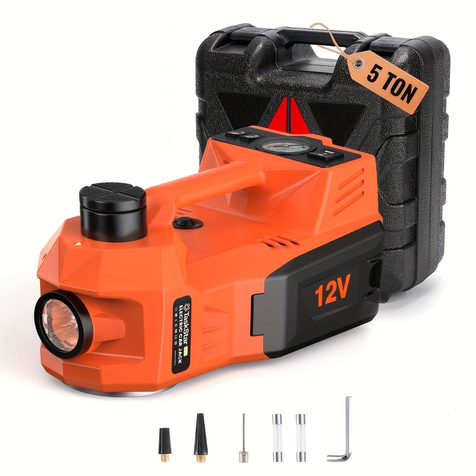 Image of Taskstar 12v 5000lbs/5ton Hydraulic Jack W/ Tire Inflatable Pump And Led Light | 3-min Lift For Car/suv/truck Tire Change | Industrial Machinery Maintenance | Black Friday