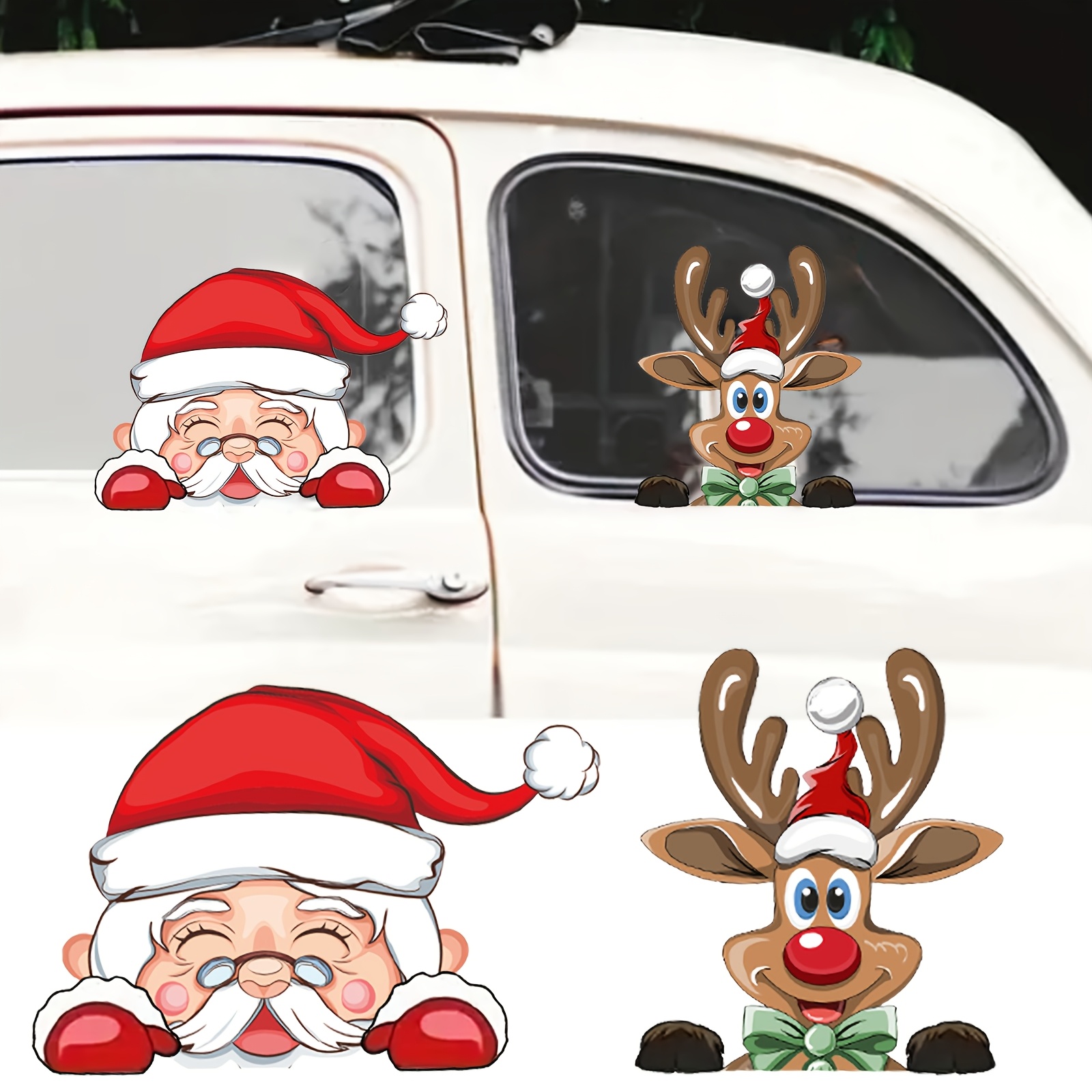 TEMU Set Of Santa And Reindeer Vinyl Car Decals - Reversible Christmas Window And Body Stickers, Festive Vehicle Ornaments