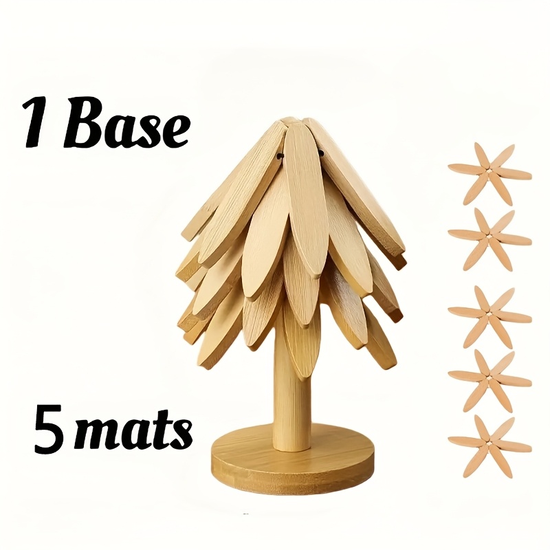 TEMU 5pcs Tapis de protection en bambou et bois pour trépied, résistants à la chaleur, avec base de rangement, tapis de cuisine anti-brûlure pour