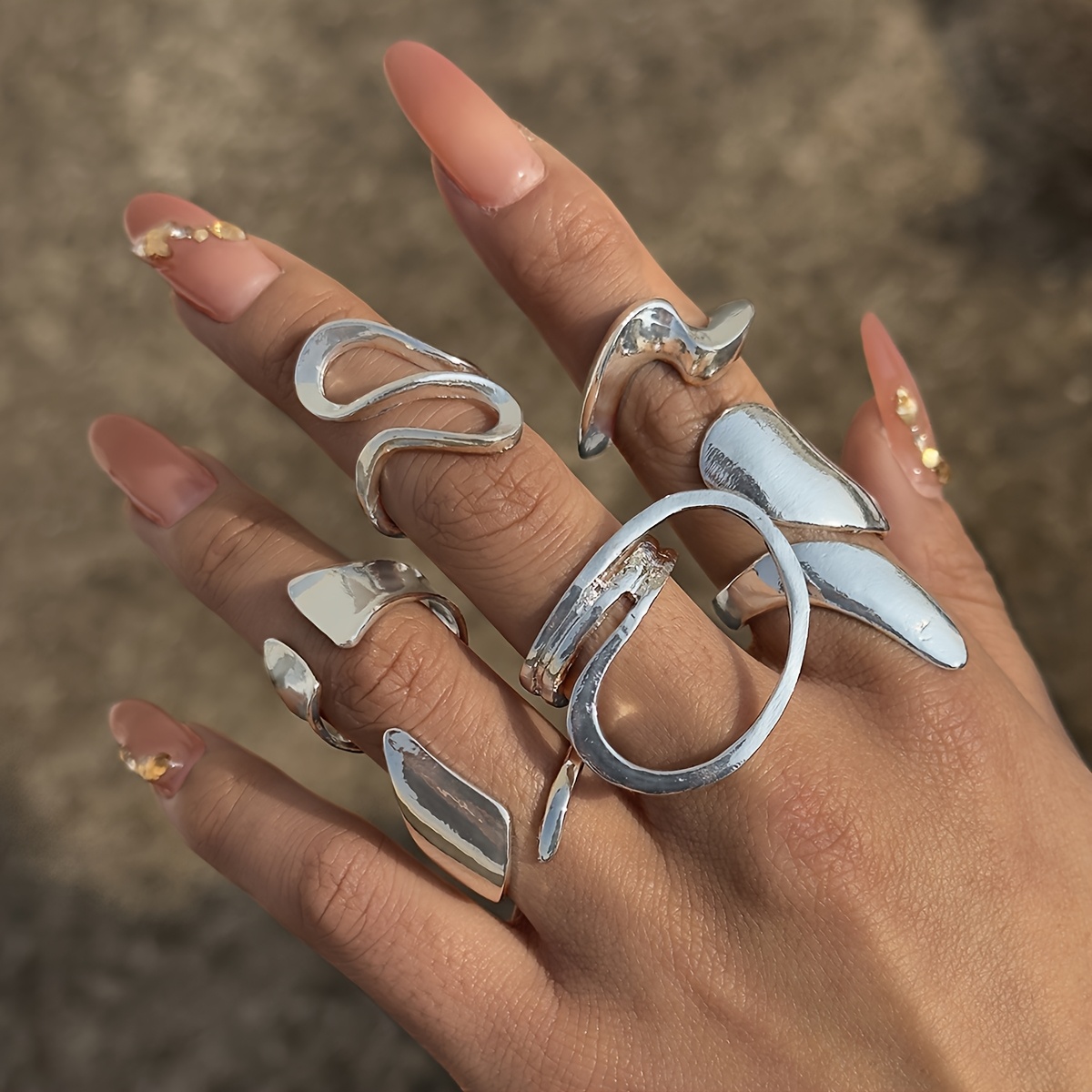 Image of 6pcs Set Of Fashionable, Unique, And Cool- Irregular Spiral Geometric Rings, Suitable For Women's Prom Parties, Gatherings, And As Gifts For