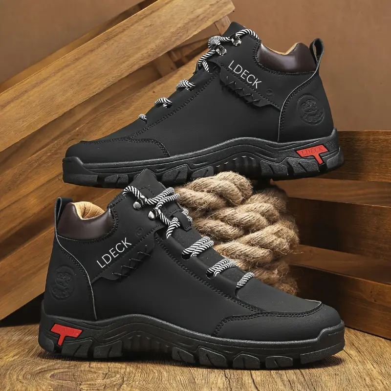 1pair vintage style mens high top casual sneakers solid color lace up upper fabric inner pvc sole round toe for hiking daily wear Product details 7