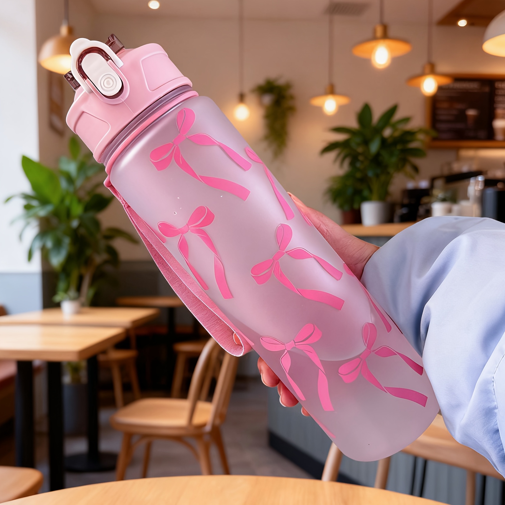 1x 750ml Matte Pc Water With Cute Bowknot Pattern | Leakproof, Includes Straw And Carry Handle, Spring-loaded Lid, Color By Fantia