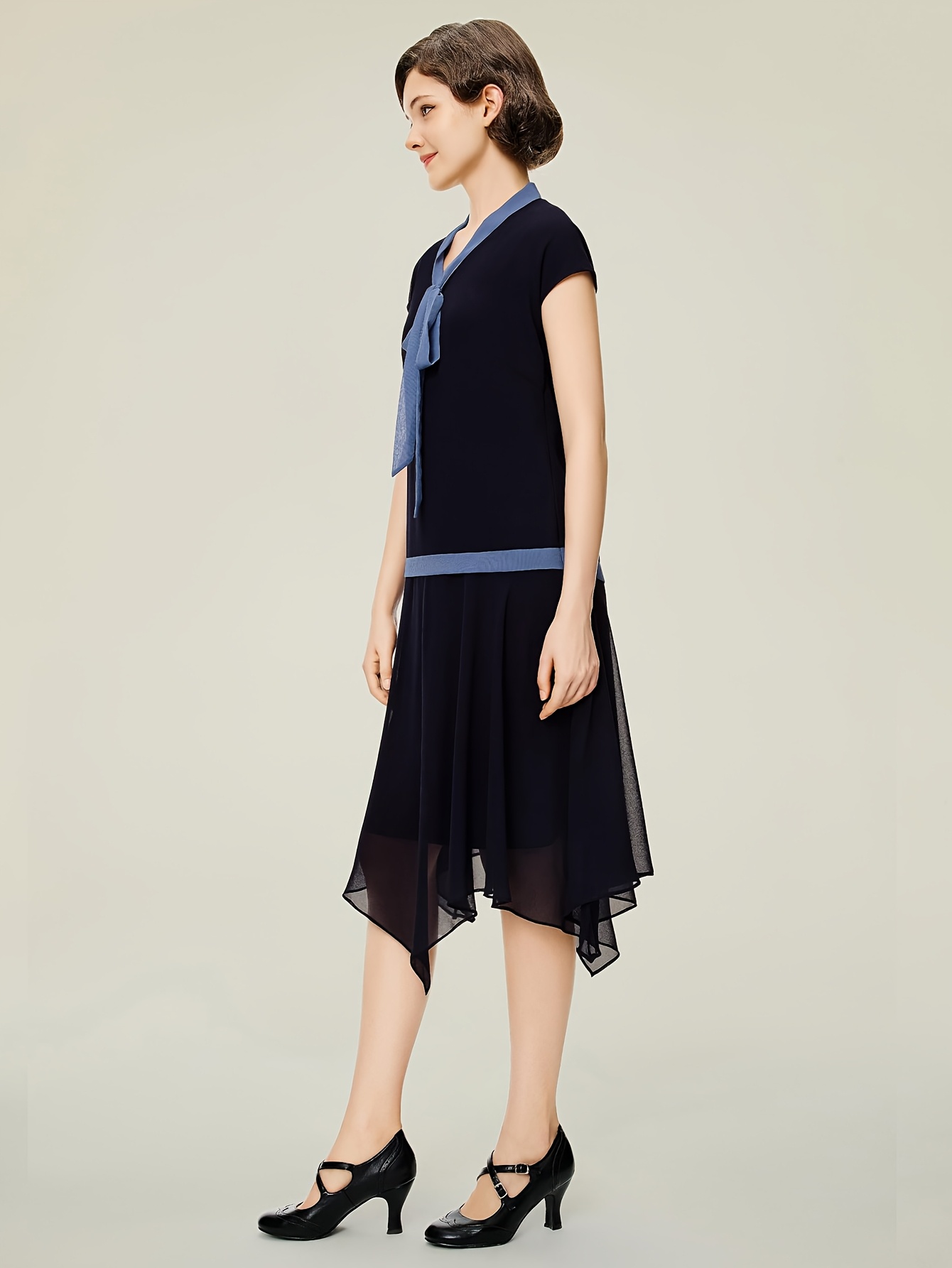 dark blue drop waist dress Miss Circle Melody Navy Blue Pinstripe Halter Drop Waist Mini Dress XS main image 0