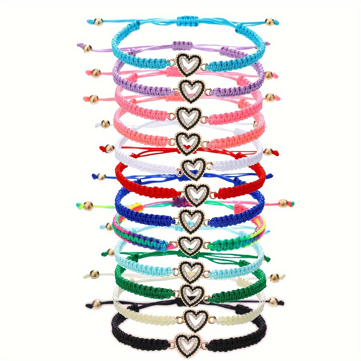 

12pcs Bohemian Adjustable Heart Charm Bracelets Set, Colorful Braided String With Random Colors, Romantic Gift For Lover, Playful Style Jewelry