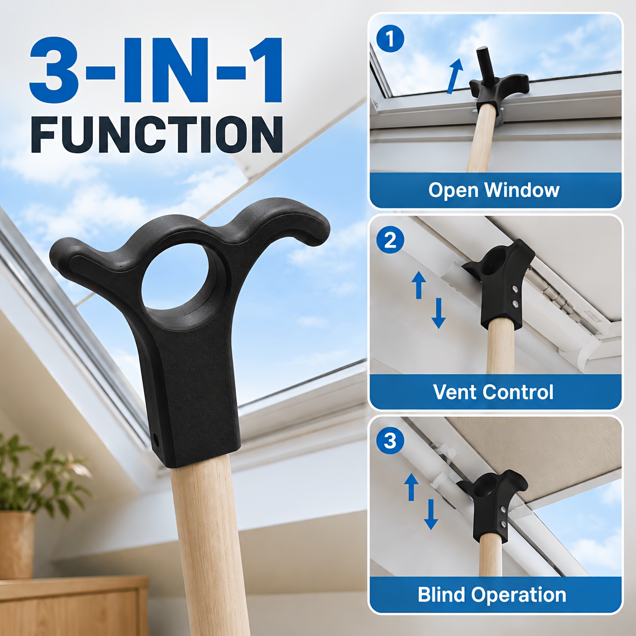 3-in-1 Roof Window Opener Hook Head, 24mm Broom Handle Adapter For Skylight Windows, Vent Bar & Blind Control Tool, Screw-fixed Window Opening Accessory, Lncludes Matching Screws, Pole Not Included
