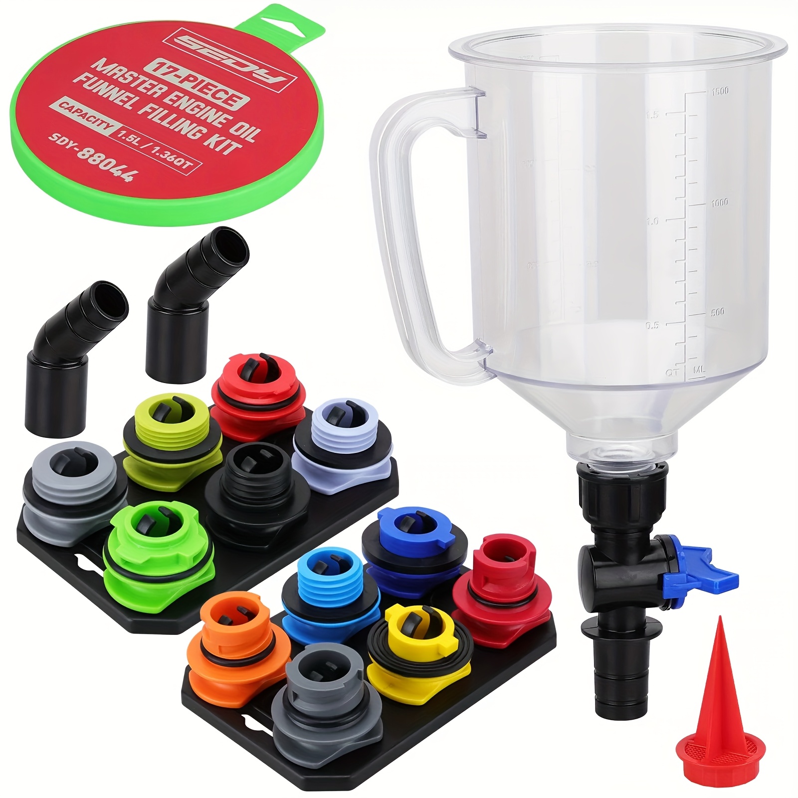 TEMU 17pcs Engine Oil Funnel Set, 1.36 Quart Car Oil Funnel Kit With 12 Adapters, Elbow Magnetic Storage Hook Tray, Universal Compatible