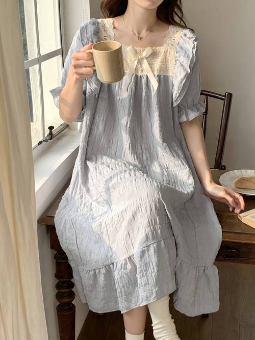 short sleeve sleep dress for women ruffle sweet cute solid color lace trim nightgown wearable home robe