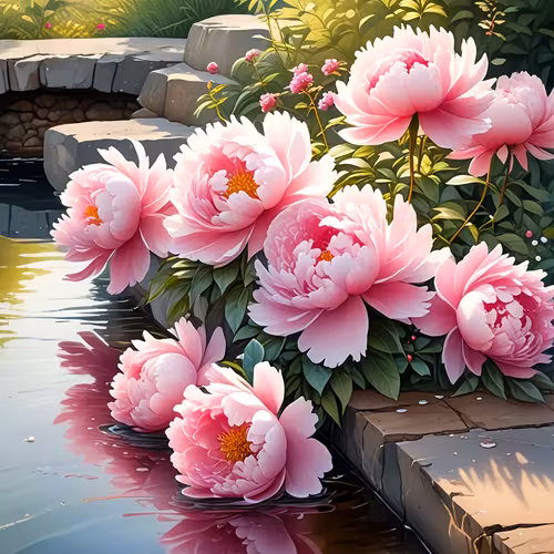 Kit de pictură cu diamante 5D JOZYSH 1 buc - Peonii roz vibrante cu reflexie de apă, acrilic PMMA, artă pătrată și rotundă DIY fără ramă pentru decorarea casei și biroului, cadou perfect pentru iubitorii de flori, floare