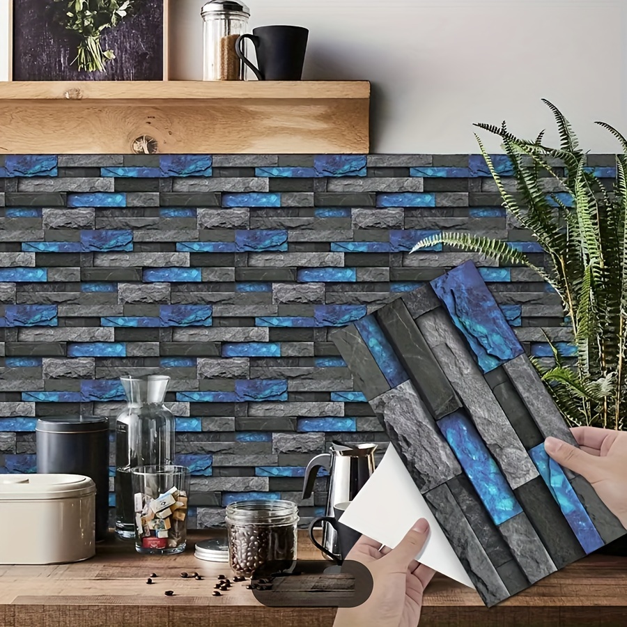 Image of 7/14/28pcs Vintage Blue Removable Wall Sticker, Waterproof Pvc Tile Decal For Bedroom, Living Room, Kitchen Wall Decor, Home Decoration Sticker