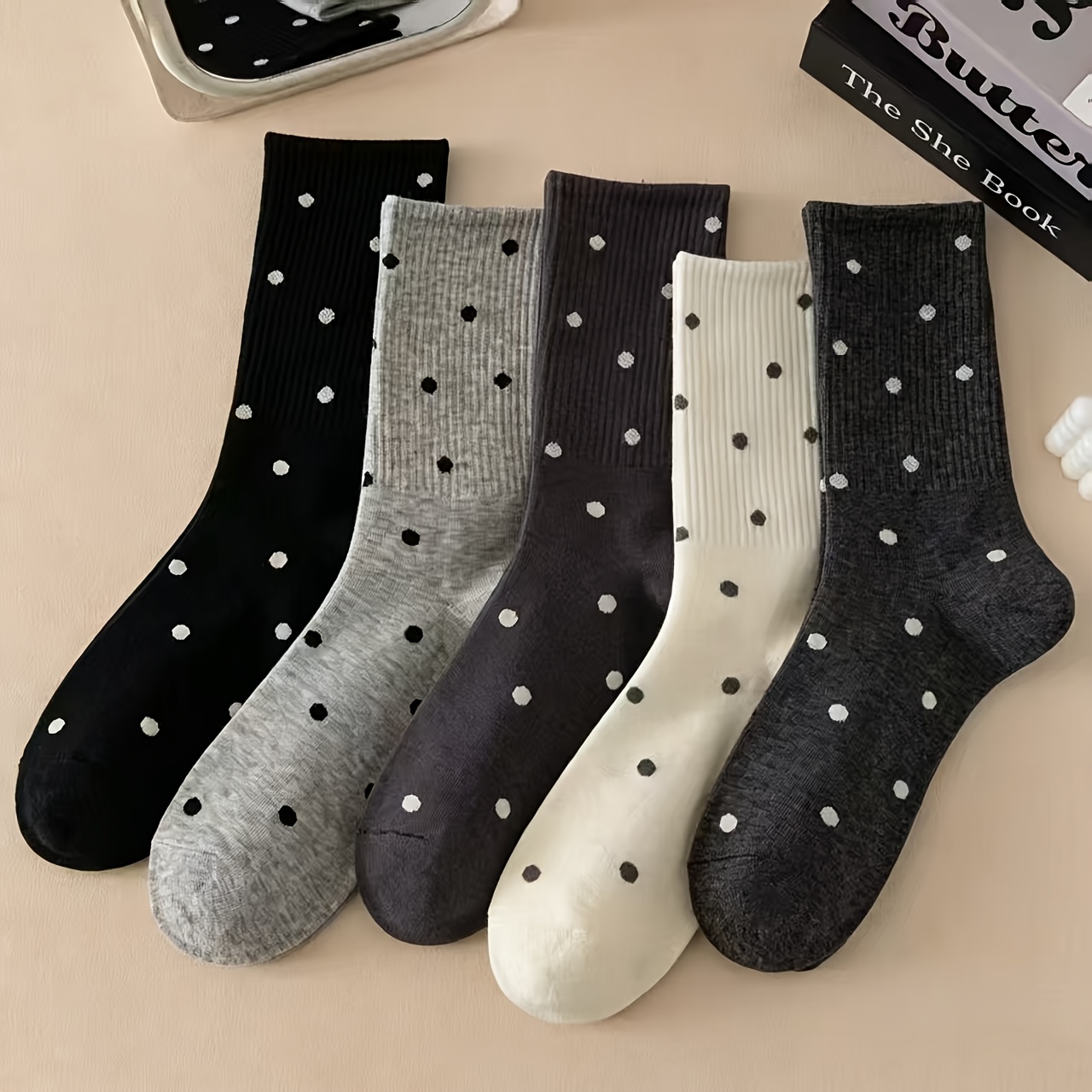 TEMU Couleurs Assorties - 5 Paires de Chaussettes Longues Tendance Style Ins, Chaussettes Influencer, Nouvelles Chaussettes à Pois Automne/Hiver,