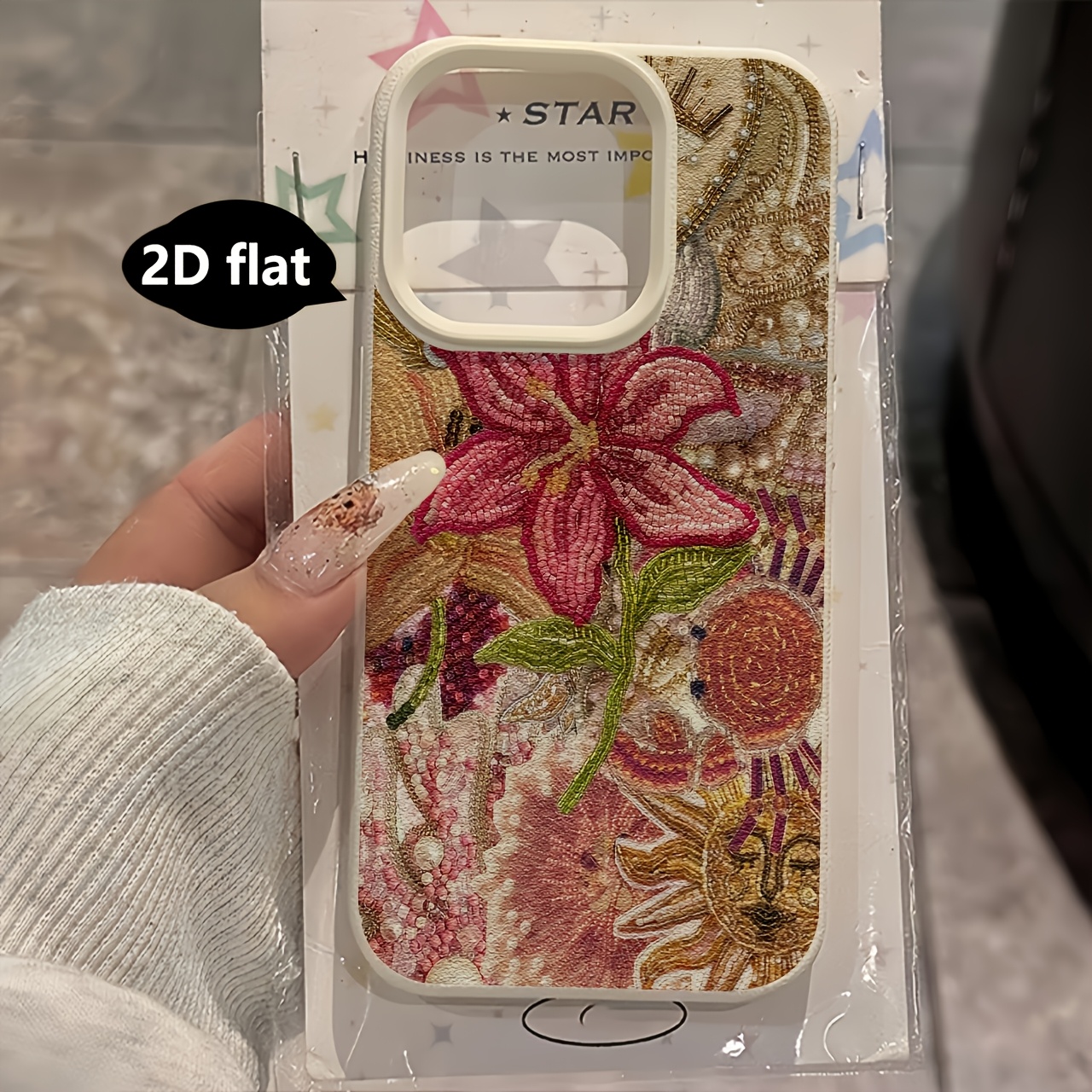TEMU Phone Case - 2d Vintage Beaded Embroidery Floral Sun Uv Printed Lychee Texture Phone Case For Iphone 18 17 16 15 14 13 12 11 Pro Xs Xr 8 7 Plus