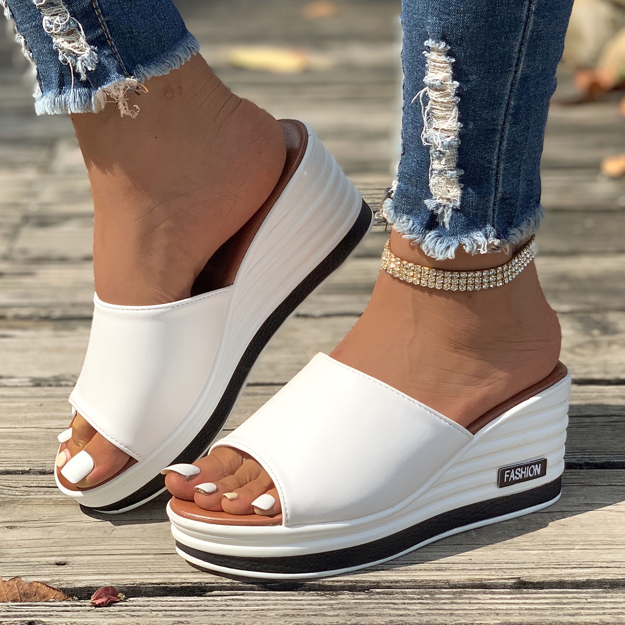

Women's Wedge Slide Sandals, Casual Peep Toe Platform Outdoor Shoes, Comfy Beach Summer Slides