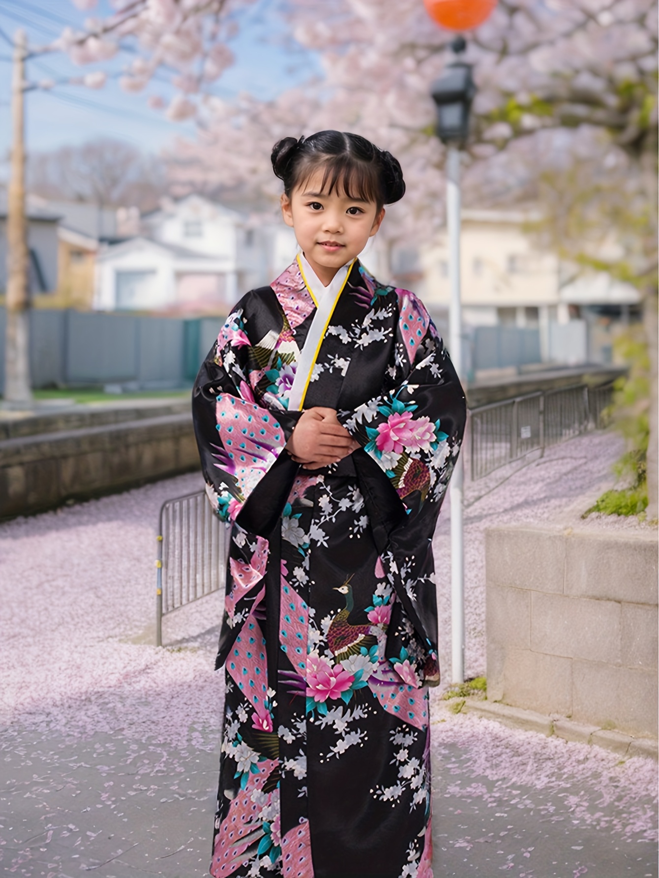 Girls' Peacock Series Japanese Kimono Nine-Fold Sleeve Traditional Clothing  Waistband Back Pillow Three-piece Set The color has fiv