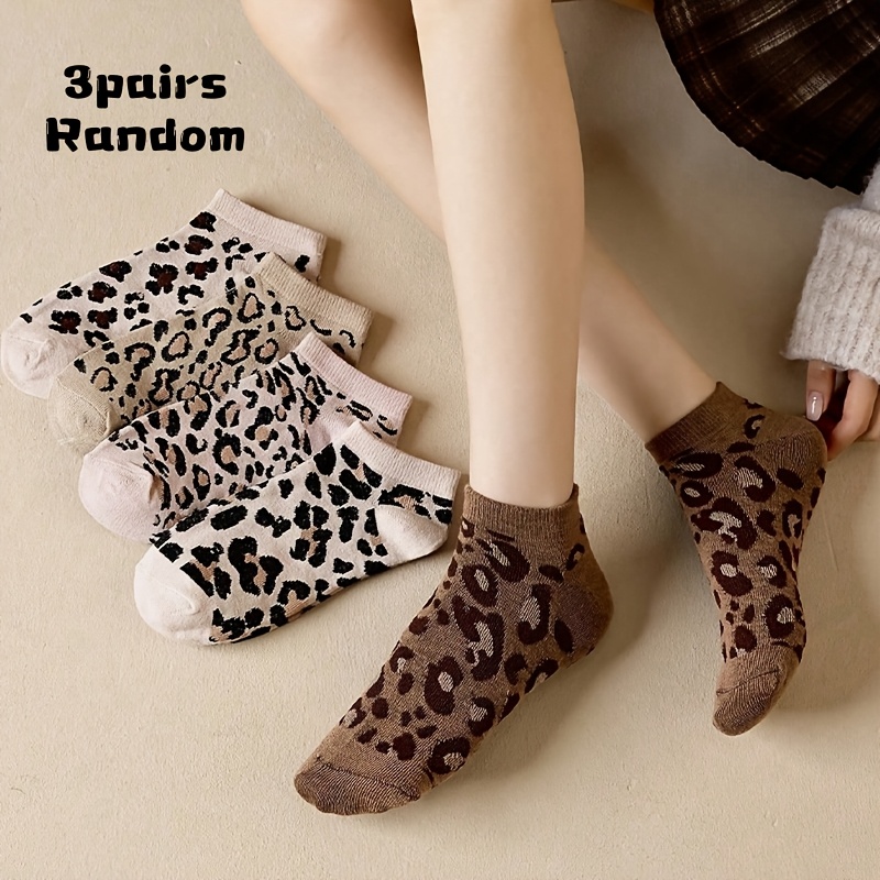 TEMU 3-pair Random Style Leopard Print Low-cut Boat Socks For Women, Versatile Spring/summer Short Socks, Breathable And Comfortable Low-