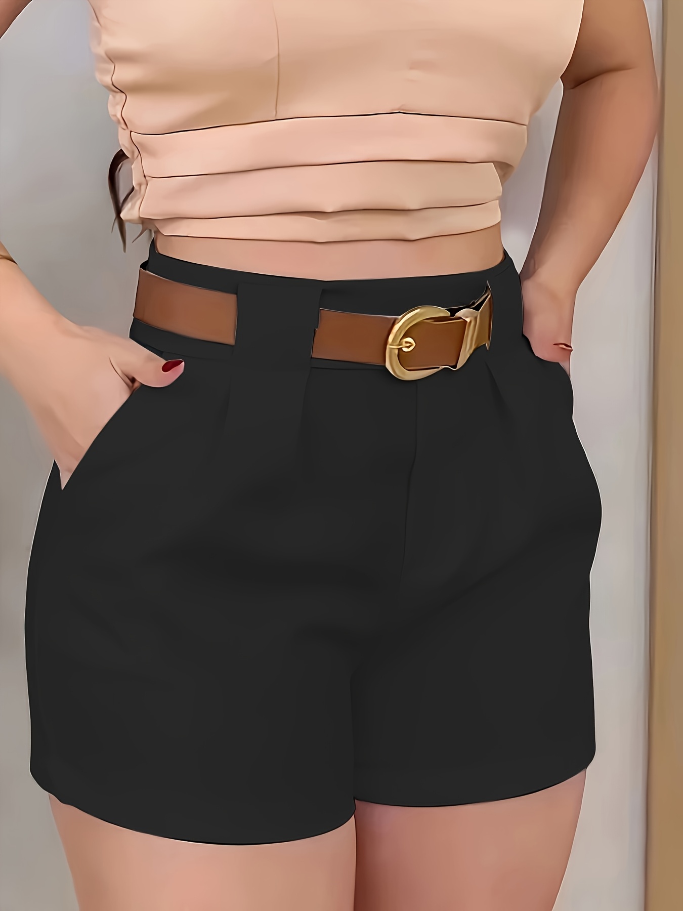 Shorts de Mujer de Color Sólido con Bolsillos Inclinados para Primavera, Verano y Otoño (Cinturón No Incluido) - Imagen 10