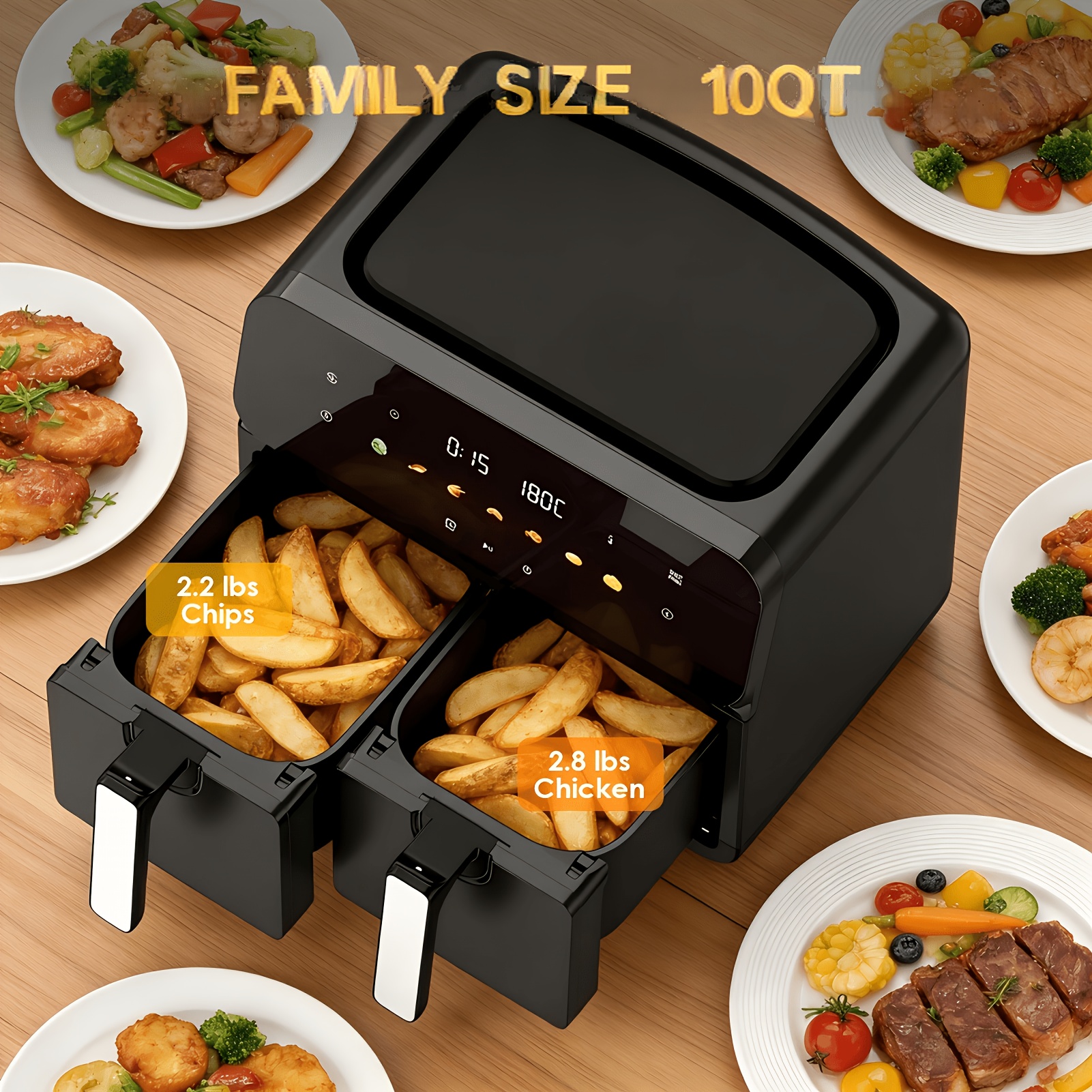 TEMU Friteuse à air double 10QT, double panier avec 2 paniers de 5QT, écran tactile numérique, fonction SyncCook, friteuse à air électrique 1700W