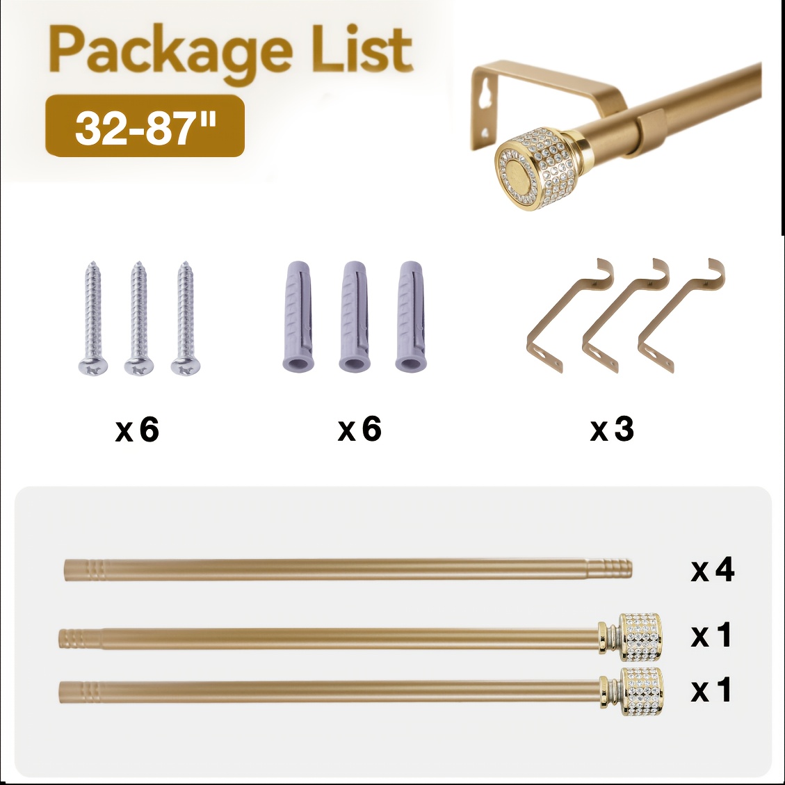 TEMU 32-145"luxury Golden Metal Curtain Rod With , Heavy Duty Rust Proof Aluminum Alloy Decorative Window Curtain Pole, European Style Wall Mounted