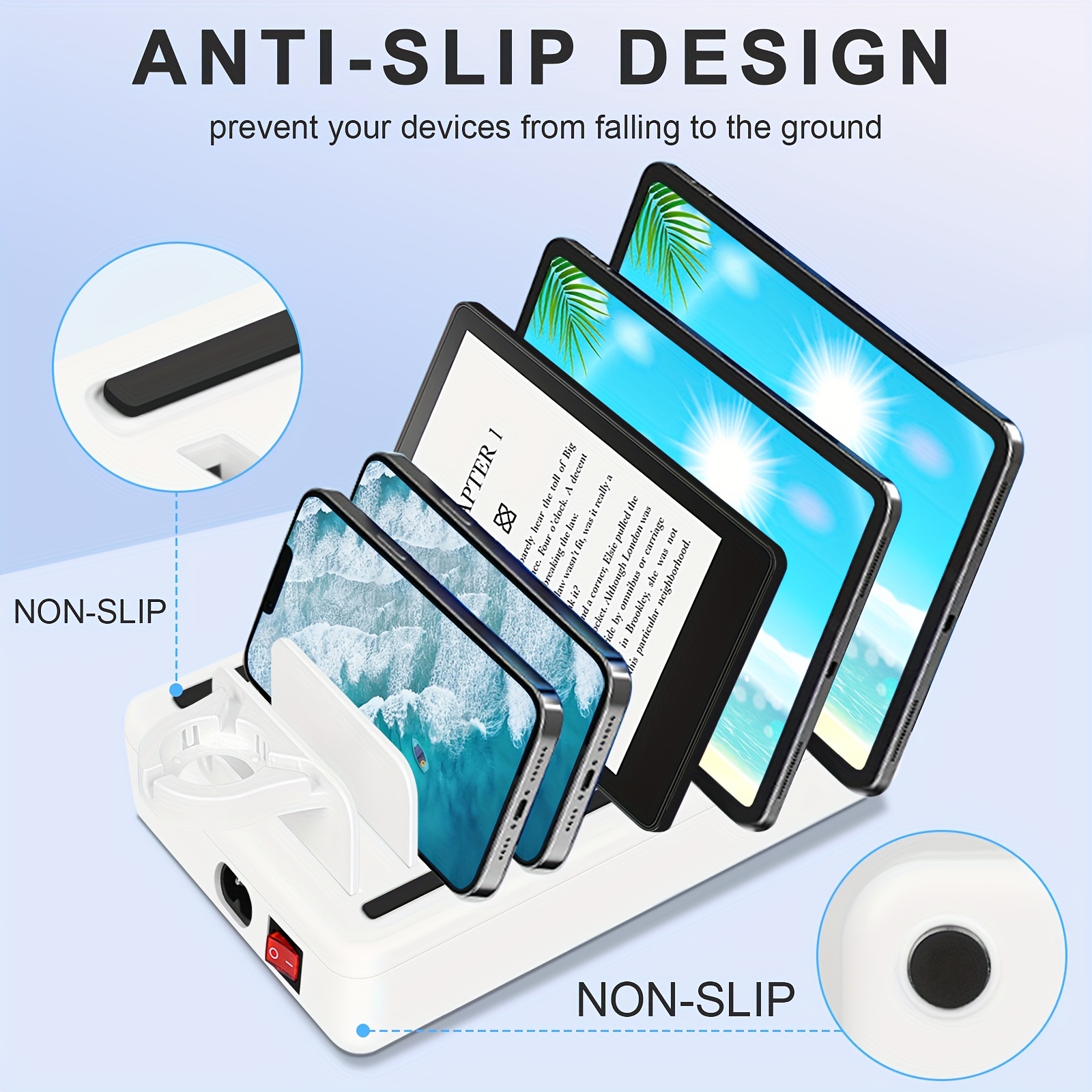 50W 6-Port USB Fast Charging Station with 10-Slot Organizer, Detachable Dividers, and Watch Holder for Phones, Tablets, and Kindles