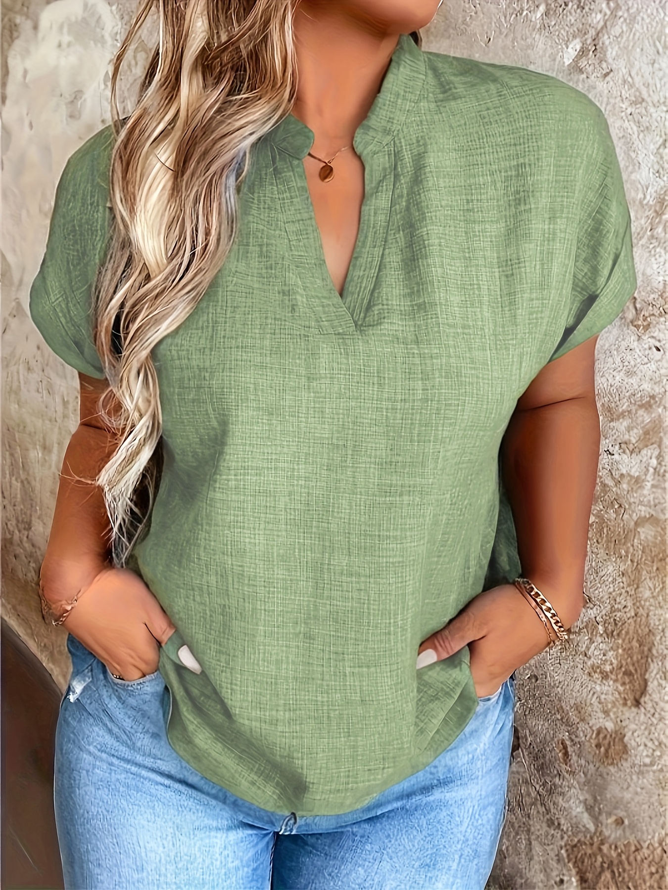 Women's Casual V-Neck Blouse with Small Stand-Up Collar - Vibrant Yellow Solid Color, Regular Fit, Machine Washable, Versatile for Spring Summer Fall, Seasonal Fashion Top, Sophisticated Casualwear, Lightweight Fabric, Everyday Top, Classic Style, Breathable Material, Stylish Top, Office Casual