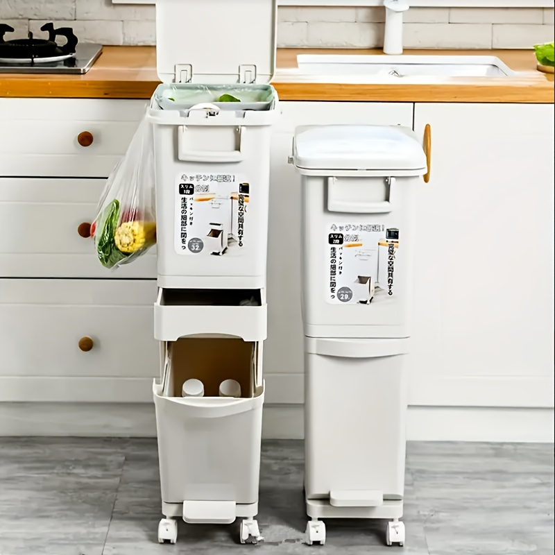 1pc Heavy-Duty Plastic Open/Close Lid & 2-Tier /Wet Sorting System - 29L/32L Large Capacity Modern White/Black Odor- Trash Can with -Pull Mechanism, One-Piece Design for Home & Kitchen Waste Disposal, Space-Saving Trash Bin with Motion, Durable Plastic Construction, and Hygienic Waste Sorting for and Wet Waste, Garbage Cans for Kitchen, Kitchen Bins for Rubbish And Recycling, Rubbish Bin, Diaper Trash Can,