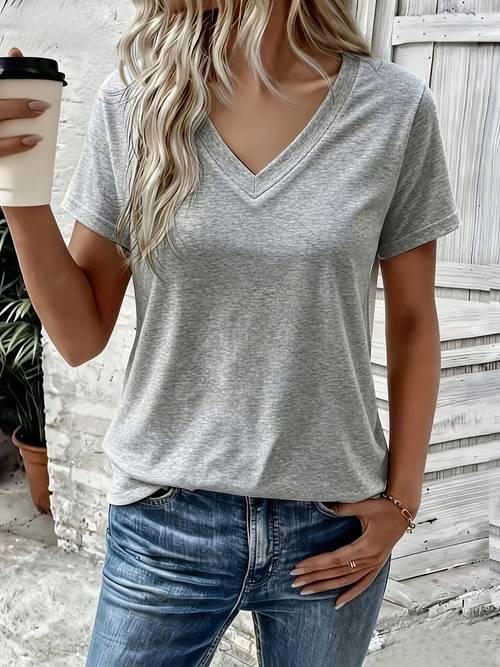 womens v neck short sleeve t shirt base layer blouse suitable for spring summer fall layering solid color opaque washable fit versatile shirt for casual office wear