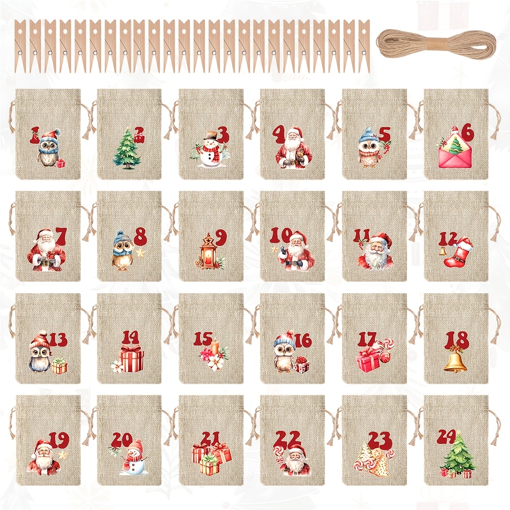 TEMU 24 piezas de bolsas de calendario de adviento navideño CARRIECUR con bolsitas con cordón numeradas, diseños de acuarela de de Papá Noel y ,