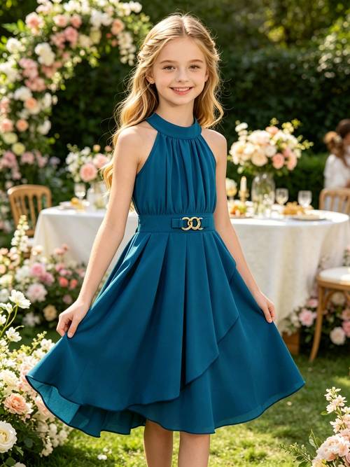 elegantes trägerloses trägerkleid in mittellänge für mädchen mit goldfarbenen zierknöpfen an der taille. stilvolles elegantes prinzessinnenkleid für frühling/sommer, für anlässe wie partys, auftritte, formelle veranstaltungen, alltägliche freizeitkleidung urlaub für mädchen im alter