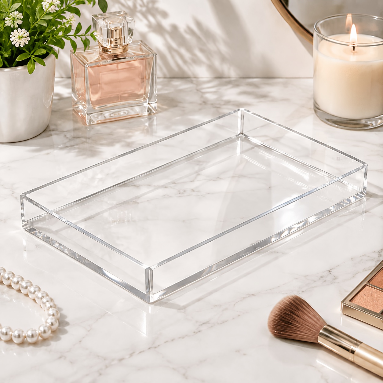 TEMU Clear Acrylic Vanity Tray With 4 Anti-slip Pads, 9.84" X 5.9" Rectangular Jewelry Organizer Tray, Elegant Perfume Makeup Cosmetic Storage Tray
