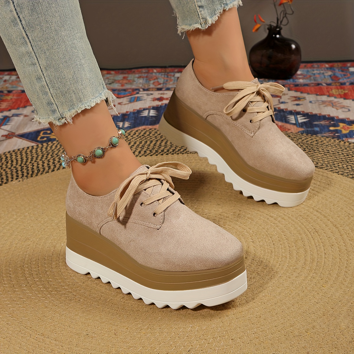 Plus Size Two-Tone Platform Thick Sole Lace-Up Flat Shoes for Women
