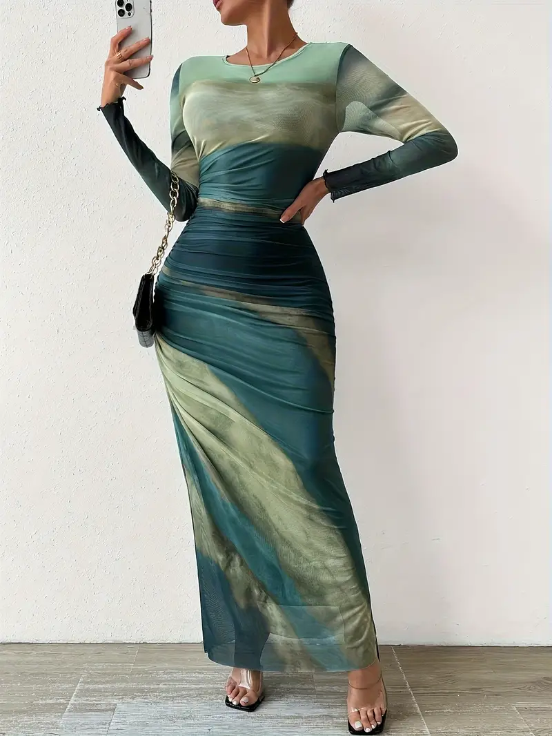 long sleeve ombre bodycon dress Pink Ombre Printed Mesh Ruched Long Sleeve Maxi Dress