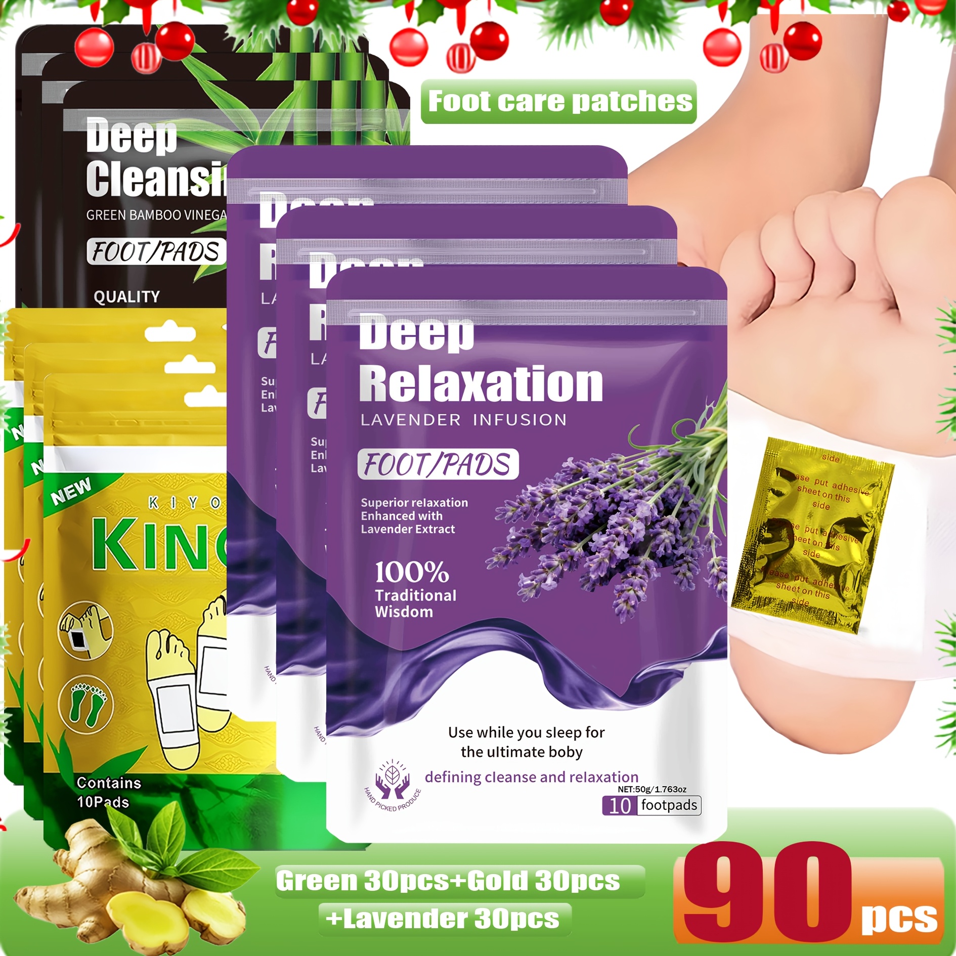 90pcs Deep Cleansing And Care Foot Pad Set [Lavender 30pcs + Green Outfit 30pcs + Golden Outfit 30pcs] - Green Natural Bamboo Vinegar Ginger Powder Foot Pads, Enhancing Cleaning And Moisturizing Effects
