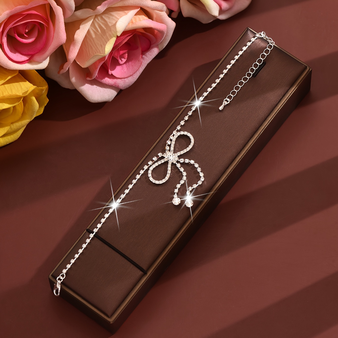 Light Luxury Copper Bow Glass Tennis Anklet with Rhinestone
