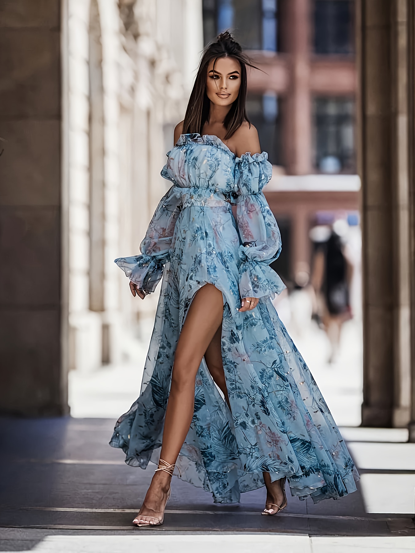 elegant dress puff sleeves edges a slit featuring a - Temu Mauritius