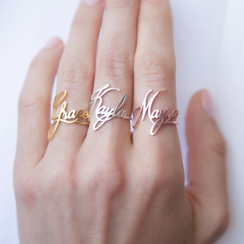 Personalized Cursive Name Ring Stainless Steel Adjustable Open Golden & Rose Gol