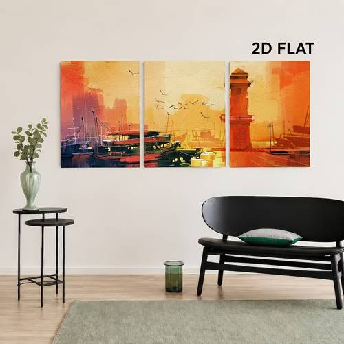 öğe resmi 2d düz, 2d düz, 2d düz sanat , 3 parça modern kırsal tarzı fener ve balıkçı teknesi kanvas duvar sanatı seti - turuncu gün batımı dekoratif tablo çerçeveli, oturma odası, yatak odası, ofis dekorasyonu için uygun - kanvas tahta