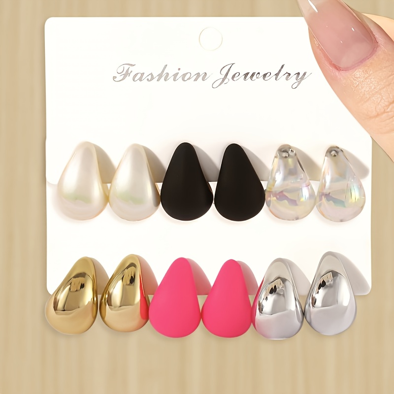 TEMU 12pcs (6 Pairs) Simple And Colorful Teardrop Earrings, A Stylish And Elegant Women's Earring Set, Spring And Summer Jewelry Suitable For Daily