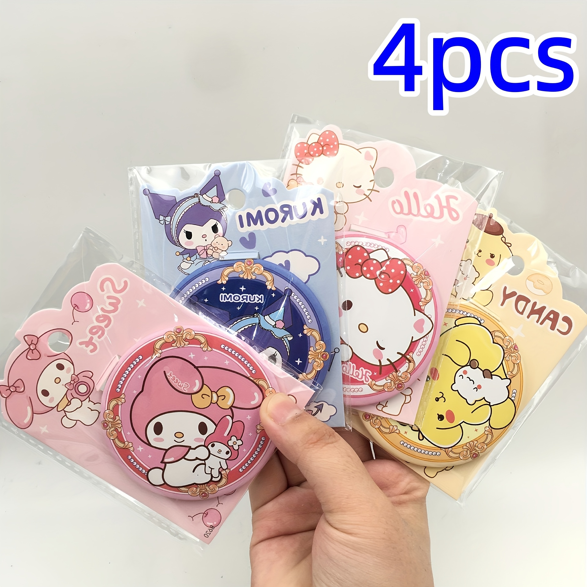 E-shop 4er-Set Sanrio , für Kuromi, Melody, Pompompurin tragbarer runder Cartoon-Spiegel, Handtaschen-Accessoire, Schminkspiegel, niedliches Design,