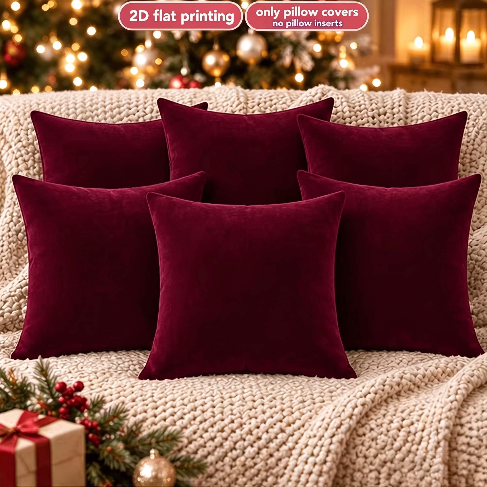 TEMU 6pcs Burgundy Velvet Pillow Covers, Luxury Premium, Colors, Used As Basic Decorative Items, Suitable For Sofa, Bed, Bedroom, Living Room And