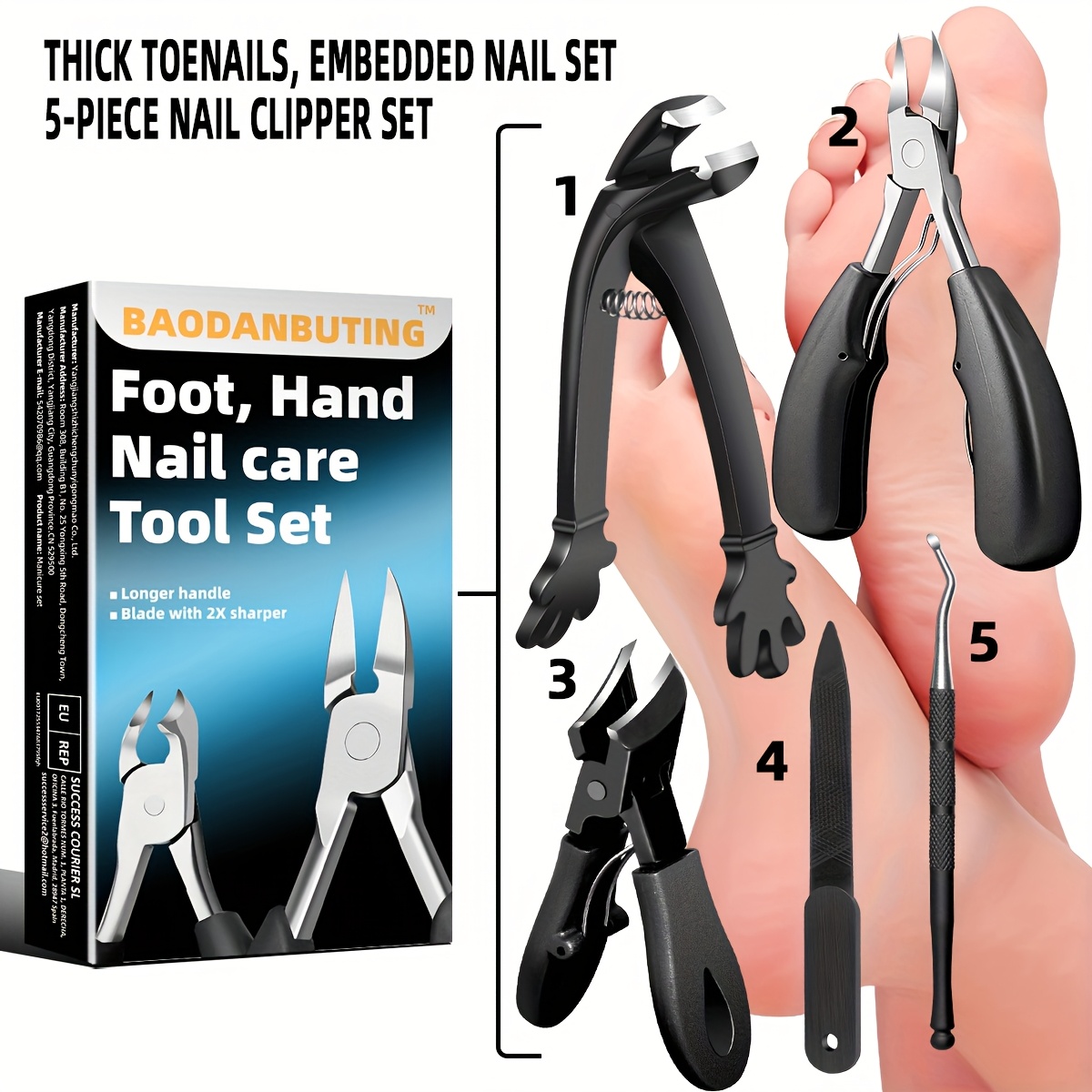 Image of 5pcs Professional Heavy-duty Toenail Clipper Set For Ingrown & Thick Toenails, Stainless Steel Blade, With Storage Case, Unscented, For