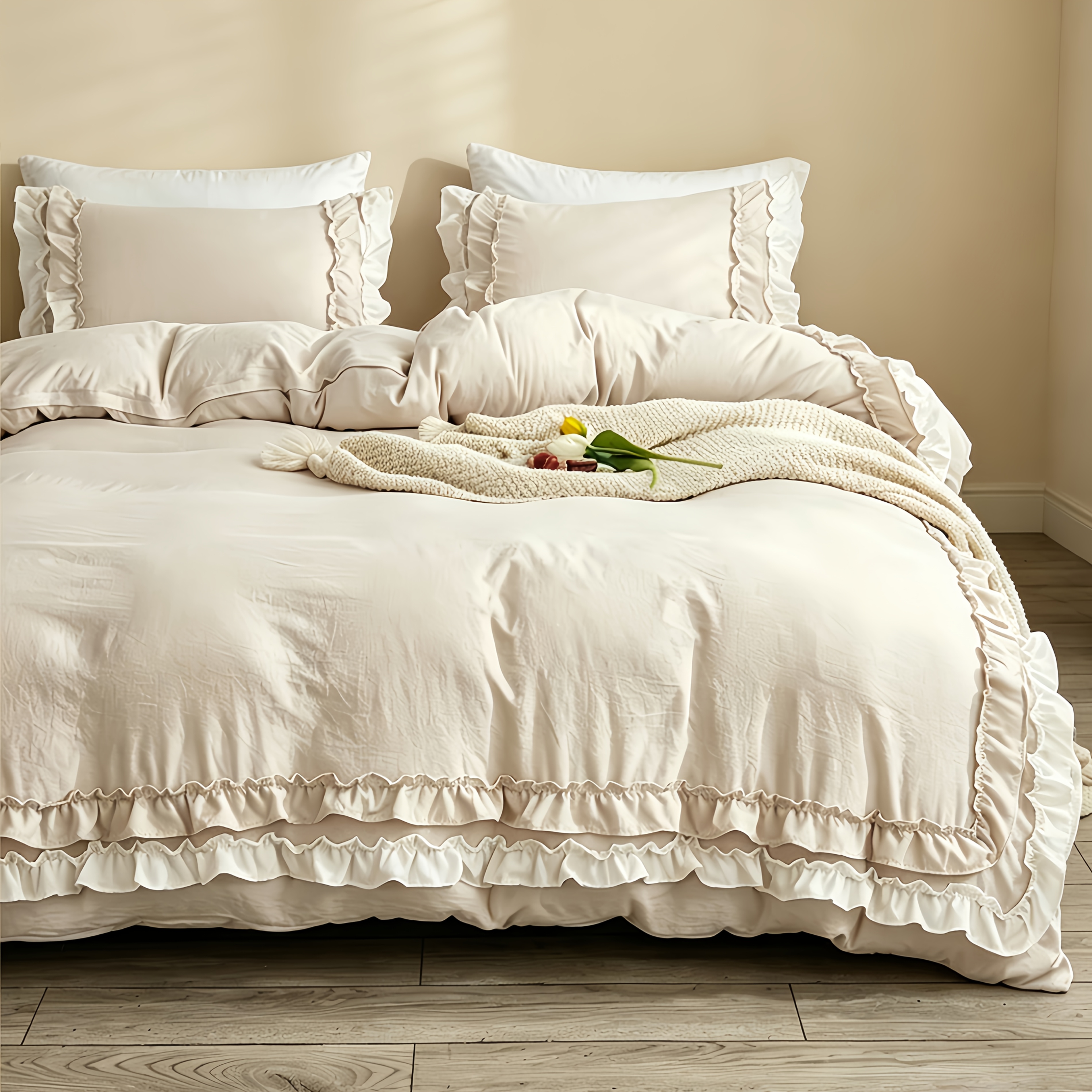TEMU Parure de Housse de Couette Beige à Double Couche Plissée à Volants, Bohème, Style Français Vintage, Textile de Maison, Tissu en Microfibre,