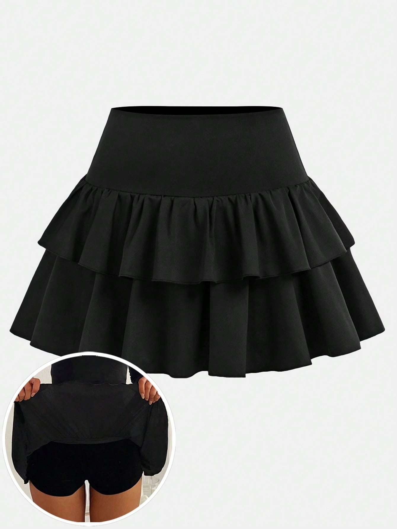 A Stylish Black Skirt for Girls, Made from Stretchy And Skin-Friendly Fabric That Fits The Body Well. The Double-Layered Ruffled Hem Adds a Playful Touch