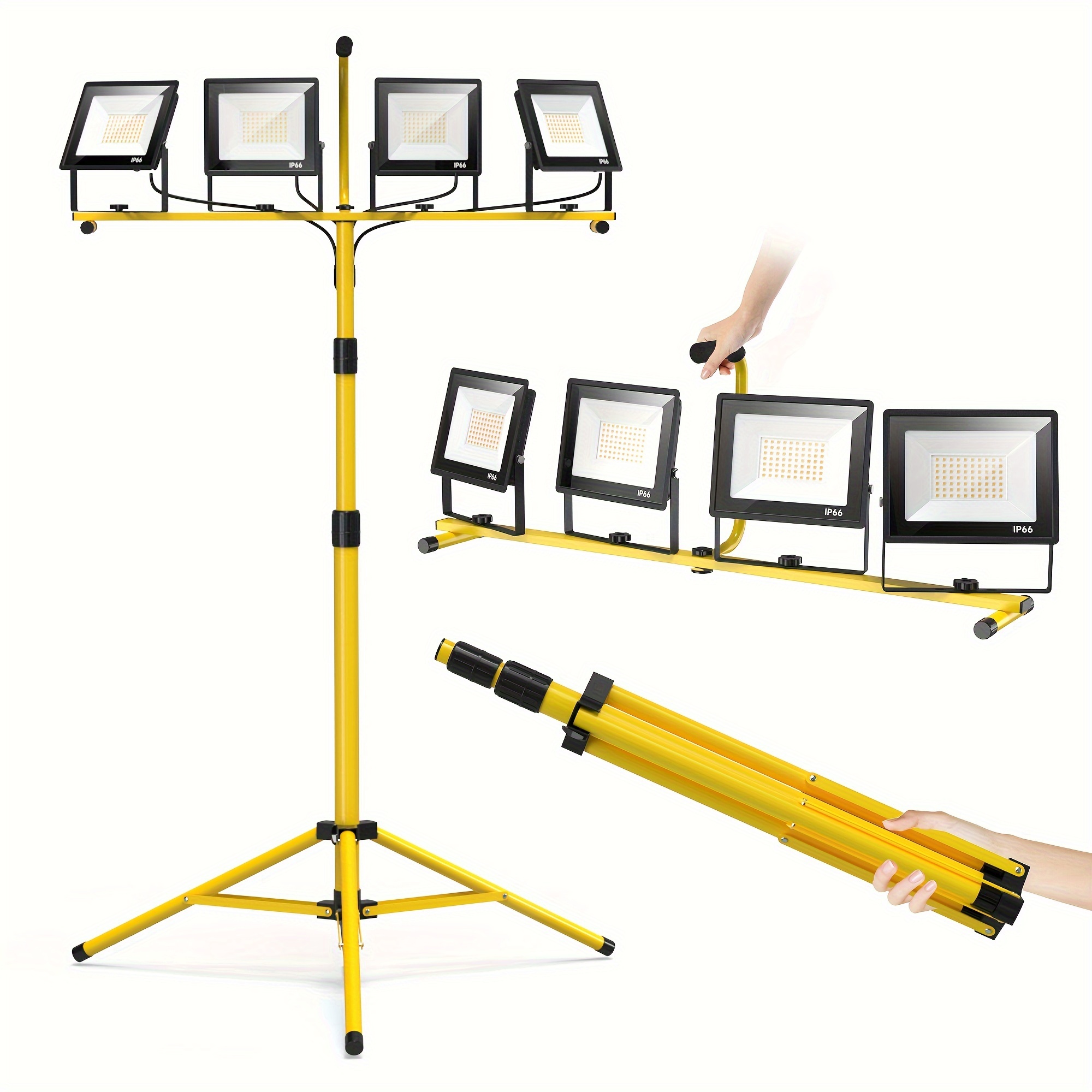TEMU Led Work Light With Stand, 28000lumen 4 Adjustable Head Outdoor Flood Lights, Foldable Mechanic Light With 16.5ft Power Cord, Portable Tripod With Lamp For Workbench, Camping (698)