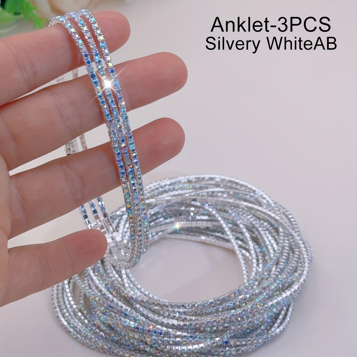 1/3/12pcs Random Color Or Specified Color Rhinestone Ultra Fine Anklet Ankle Ring Ab Colorful Shiny Elastic Exquisite Beach Party Party Fashion