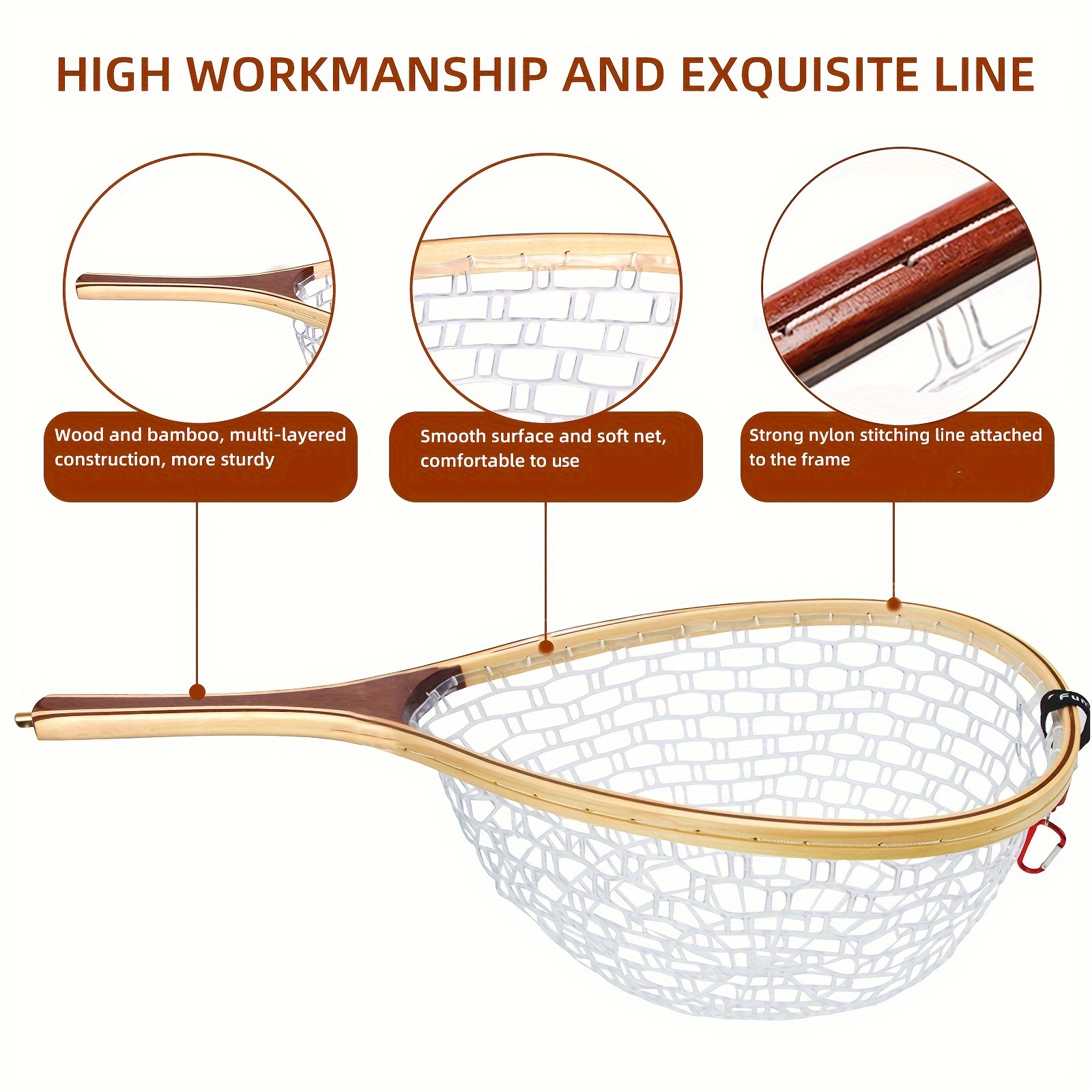 Fly Fishing Net, Mesh Soft Rubber Wooden Handle Rubber Landing Net Catch  and Release Net/Trout Bass Net 