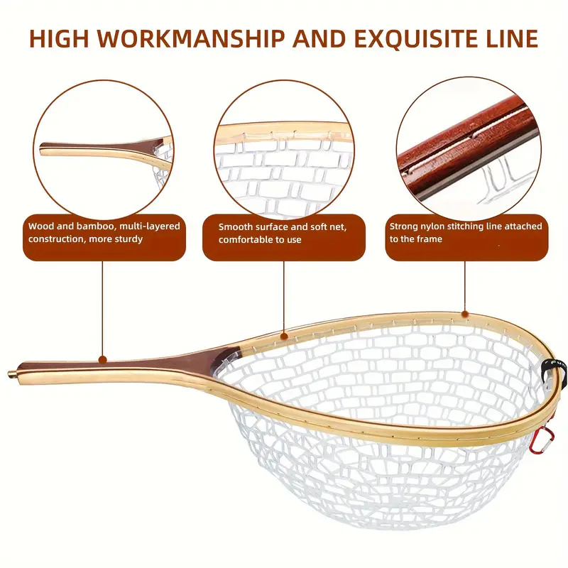 * Fly Fishing Trout Net - Magnetic Release, Soft Rubber Mesh, Wood Handle,  Safety Cord and Copper Swivel