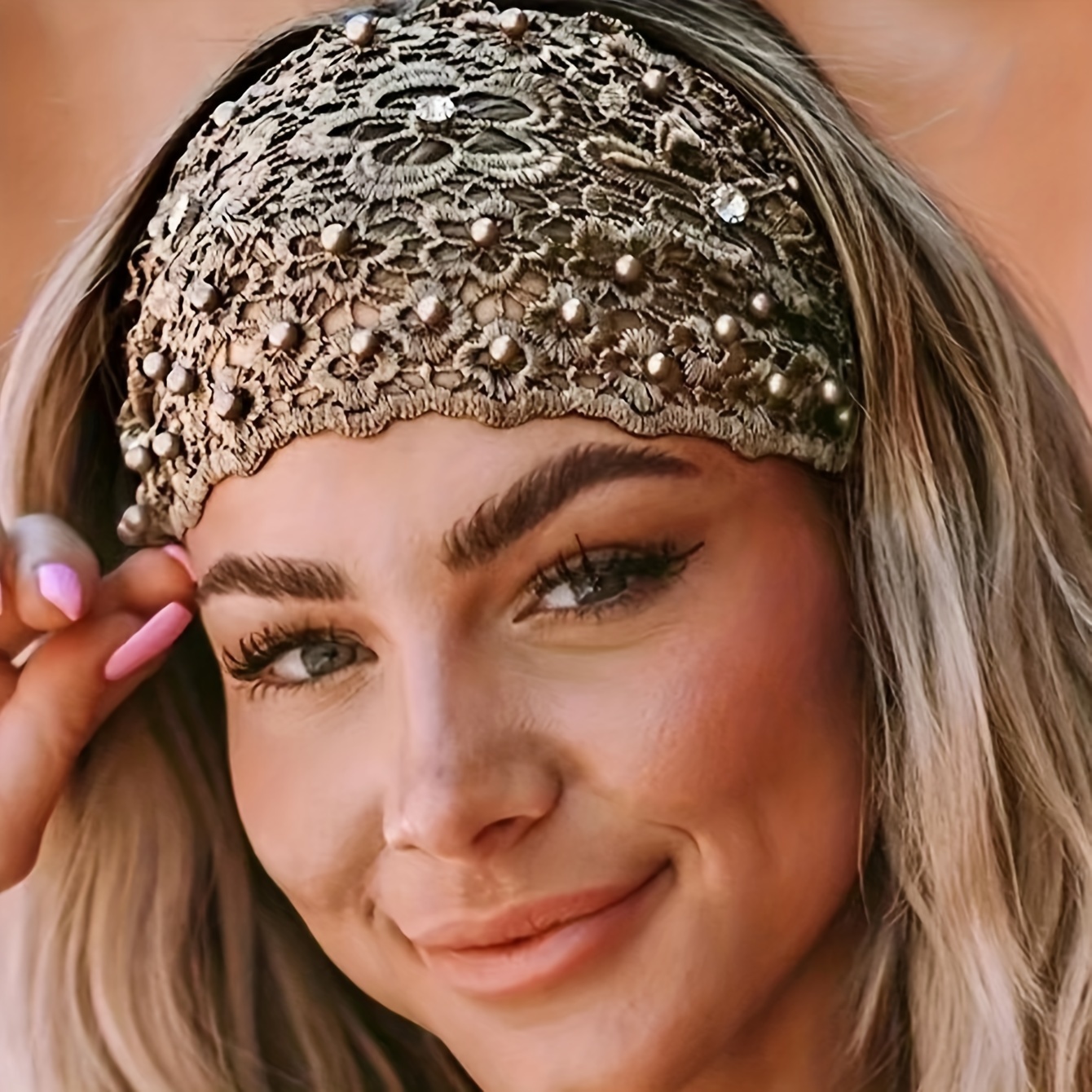 E-shop 1 Stück Damen Khaki Perlen Glitzer Boho Licht Retro Lässig Süßes Haar Accessoire Stirnband Geeignet für Frühling, Sommer, Herbst und Winter