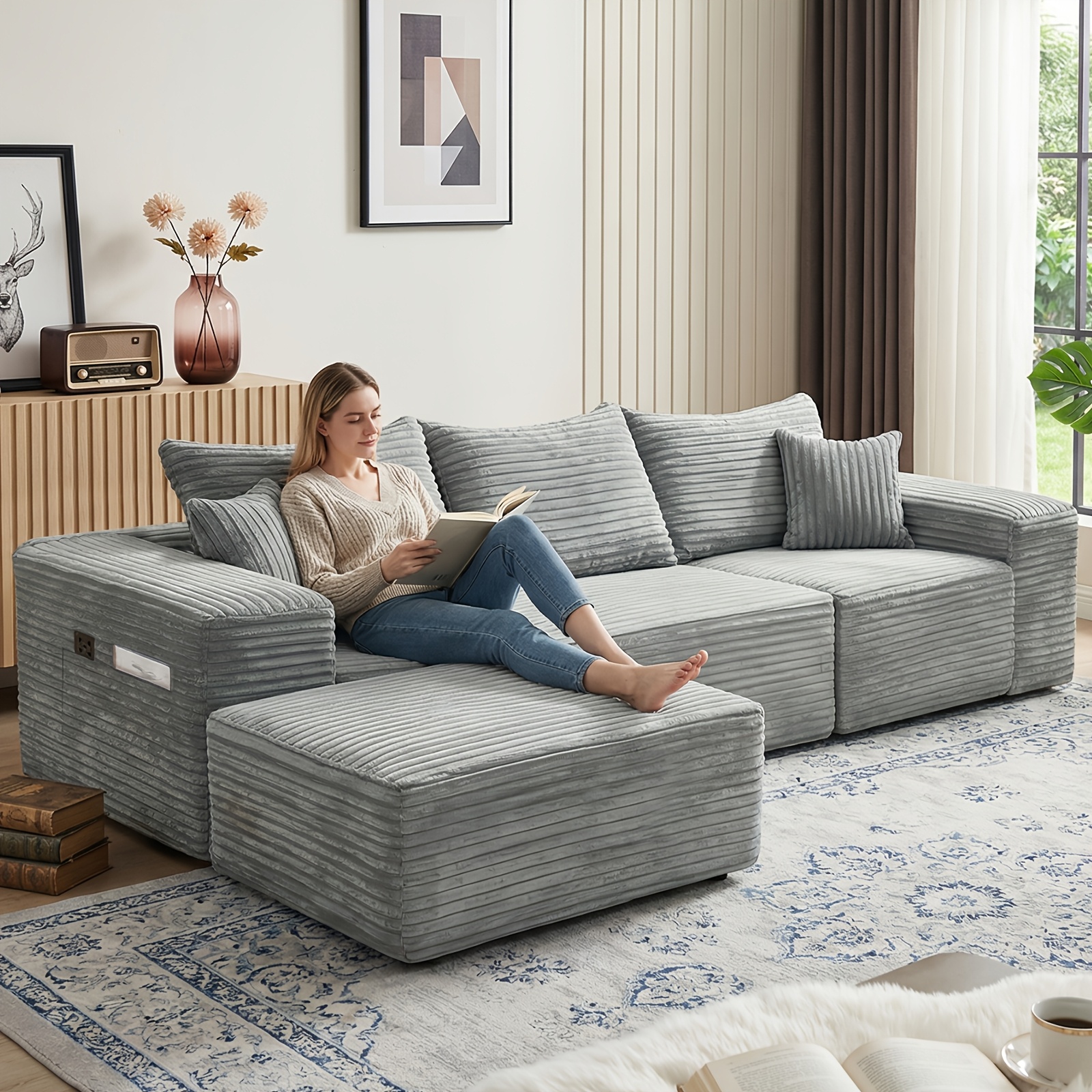 Image of L-shaped With Sleeping Function, Modular 3-seater With Chaise Longue On The Left, Corduroy Upholstery, Deep Seat, No , 267cm (black)